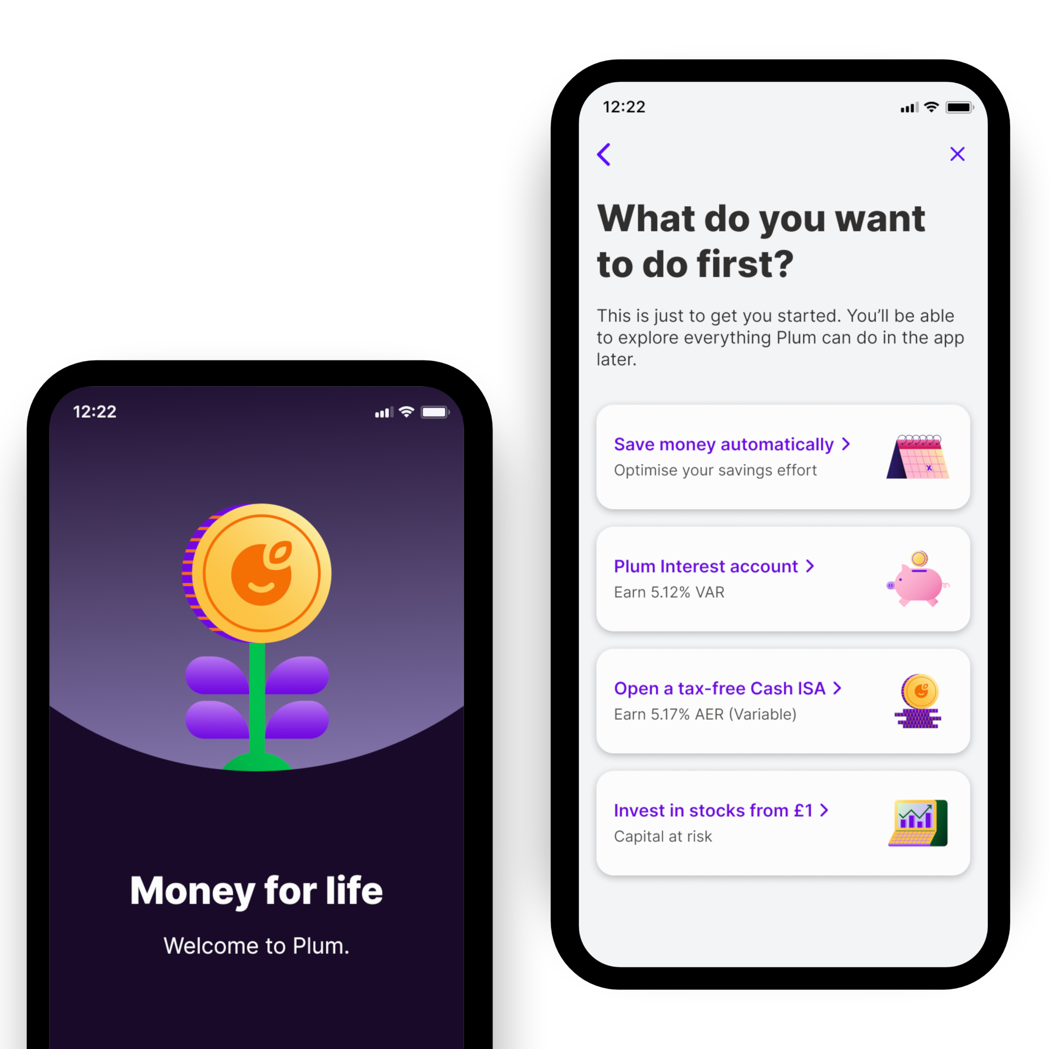 Plum onboarding — welcome screen and purpose selector